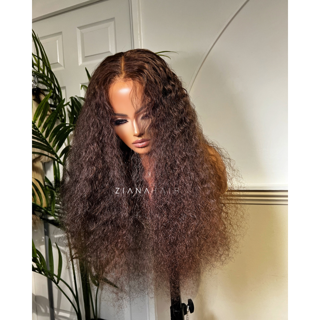 HAZEL - CHOCOLATE BROWN DEEP WAVE HUMAN HAIR WIG. HD Lace Curly Hair Dark Brown Wig